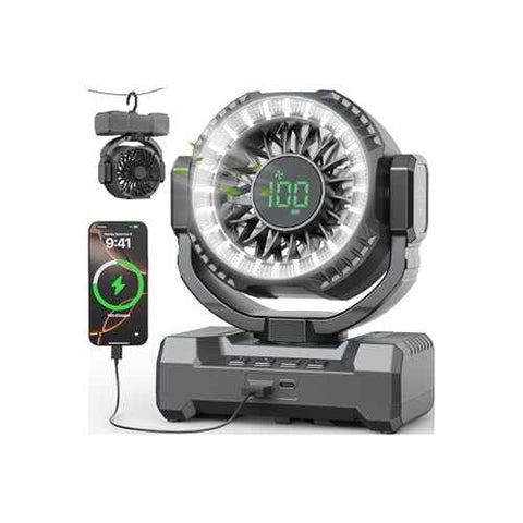 24000mAh portable camping fan with rechargeable battery and LED lantern