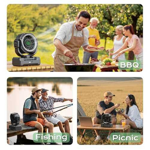 24000mAh portable camping fan with rechargeable battery and LED lantern for outdoor use