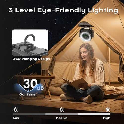 24000mAh portable camping fan with rechargeable battery and LED lantern for outdoor use