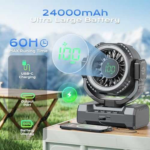 24000mAh rechargeable portable camping fan with LED lantern and wide-angle oscillation