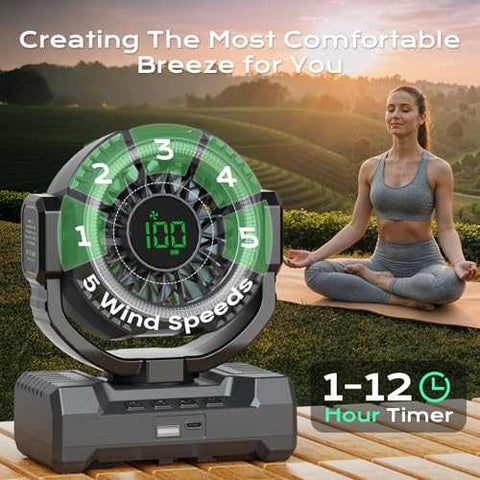 24000mAh portable camping fan with rechargeable battery and LED lantern