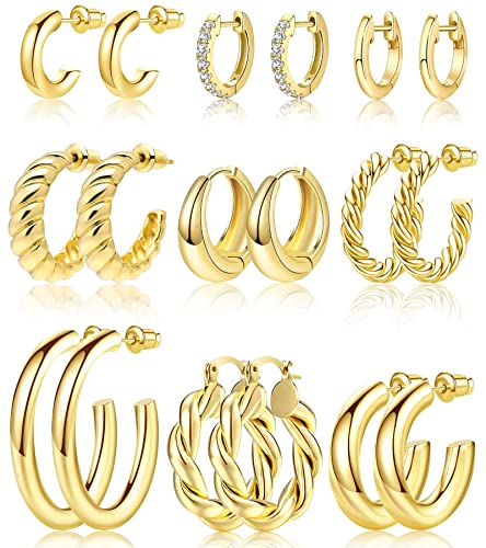Adoyi 9 Pairs Gold Hoop Earrings Set – 14K Gold Plated Huggie Hoops for Women
