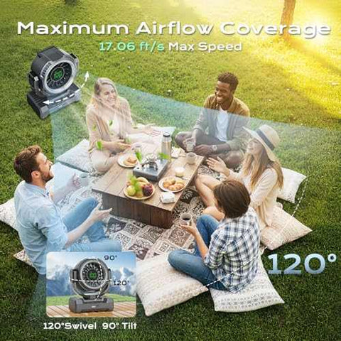 24000mAh portable camping fan with rechargeable battery and LED lantern