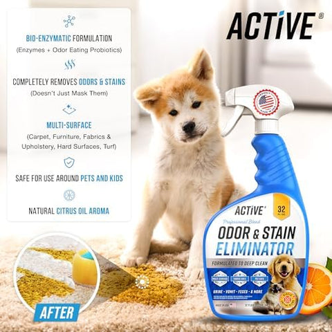 Pet Odor and Stain Eliminator – Active Enzyme Cleaner for Dog & Cat Urine, Stains & Odors